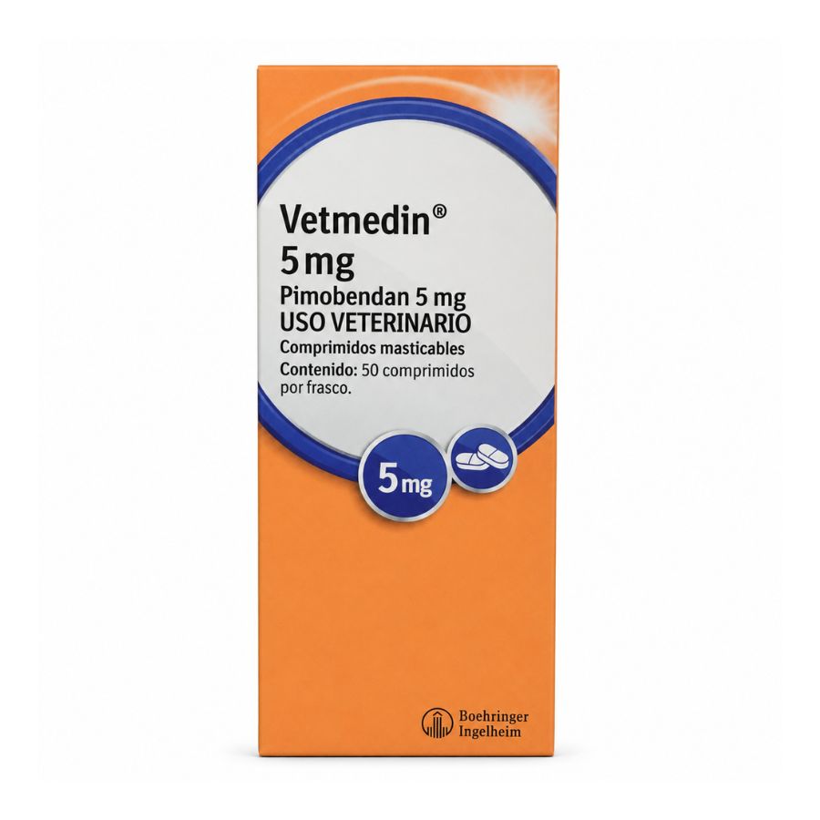 Vetmedin 5 mg pimobendán, caja de 50 comprimidos masticables para perros, vista frontal