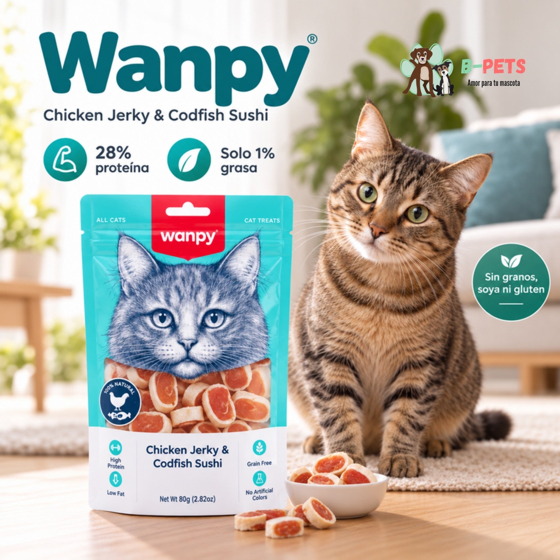 Infografía de Wanpy Chicken Jerky & Codfish Sushi para gatos: 28% de proteína, solo 1% de grasa y sin granos ni gluten