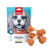 Envase de Wanpy Chicken Jerky Dumbbells junto a huesitos de pollo con forma de pesa