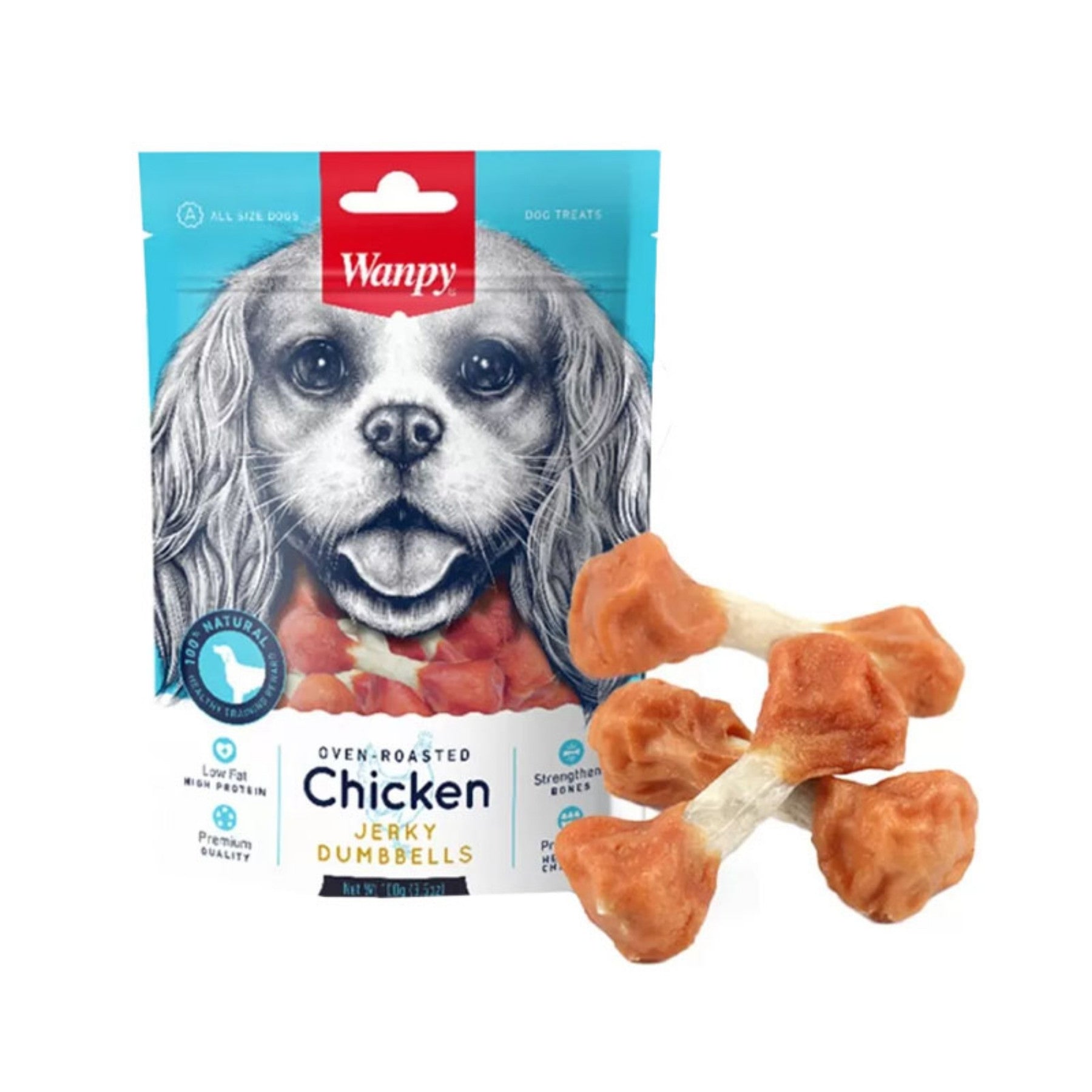 Envase de Wanpy Chicken Jerky Dumbbells junto a huesitos de pollo con forma de pesa