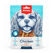 Envase de Wanpy Chicken Jerky Dumbbells para perros, snacks de pollo horneado de 100 g