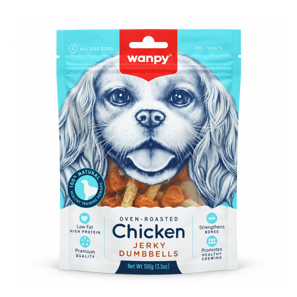 Envase de Wanpy Chicken Jerky Dumbbells para perros, snacks de pollo horneado de 100 g