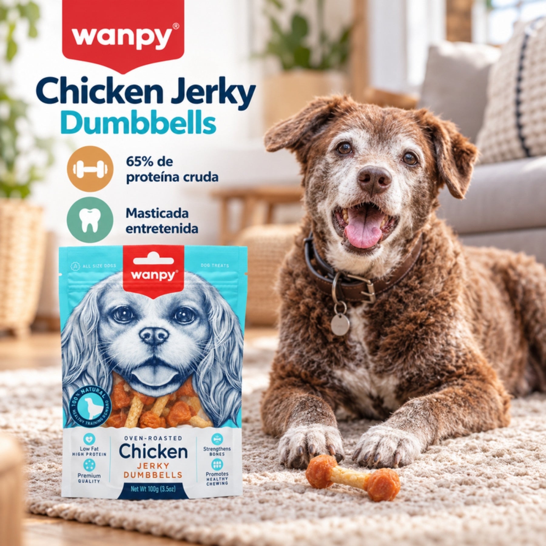 Infografía de Wanpy Chicken Jerky Dumbbells: 65% de proteína cruda y masticada entretenida, junto a un perro