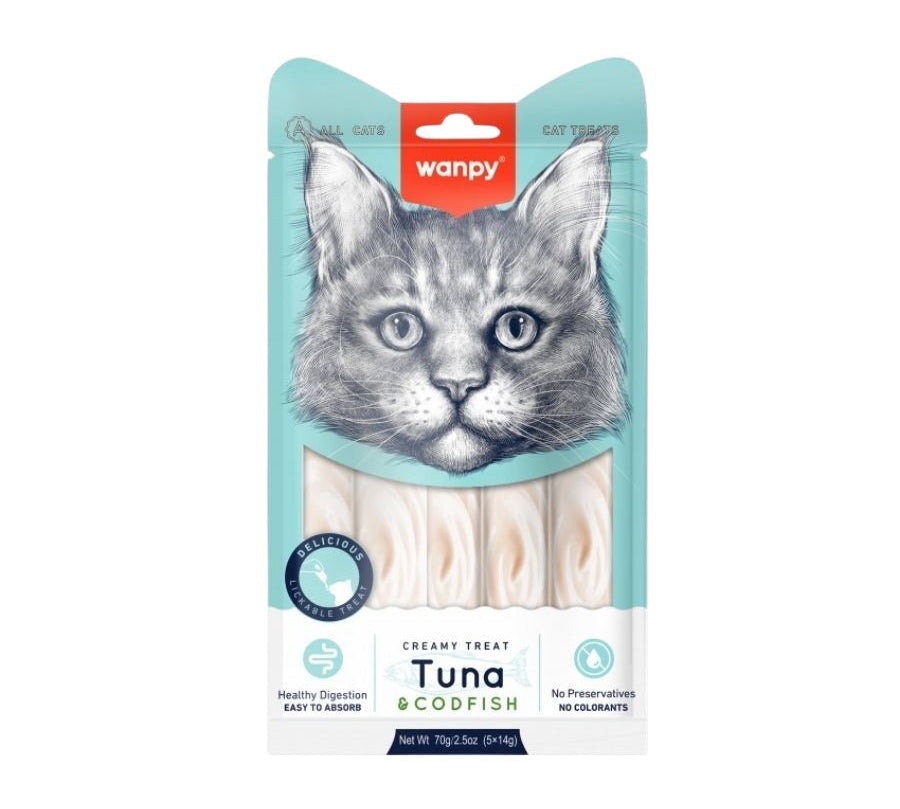 Descubre Wanpy Creamy Treat Atún & Bacalao para Gatos, un snack premium 100% natural para gatos de más de 3 meses. Textura suave, libre de granos, fácil de digerir y sin colorantes ni preservantes. ¡Una recompensa saludable para tu gathijo! 🐾