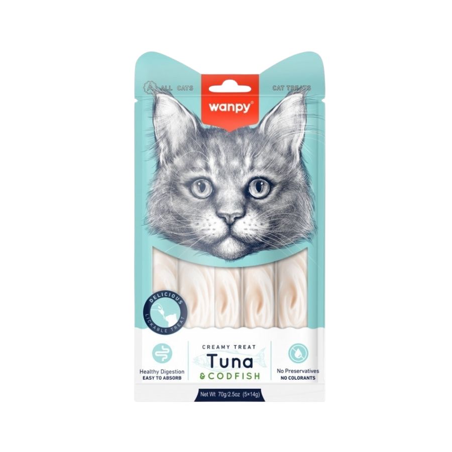 Descubre Wanpy Creamy Treat Atún & Bacalao para Gatos, un snack premium 100% natural para gatos de más de 3 meses. Textura suave, libre de granos, fácil de digerir y sin colorantes ni preservantes. ¡Una recompensa saludable para tu gathijo! 🐾