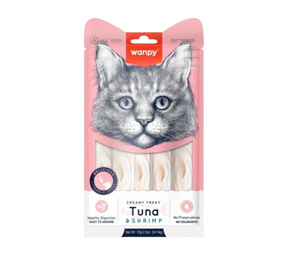 Descubre Wanpy Creamy Treat Atún & Camarón para Gatos, un snack premium 100% natural para gatos de más de 3 meses. Textura suave, libre de granos, fácil de digerir y sin colorantes ni preservantes. ¡Una recompensa saludable para tu gathijo! 🐾
