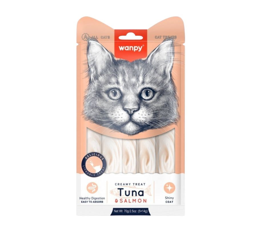 Descubre Wanpy Creamy Treat Atún & Salmón para Gatos, un snack premium 100% natural para gatos de más de 3 meses. Textura suave, libre de granos, fácil de digerir y sin colorantes ni preservantes. ¡Una recompensa saludable para tu gathijo! 🐾