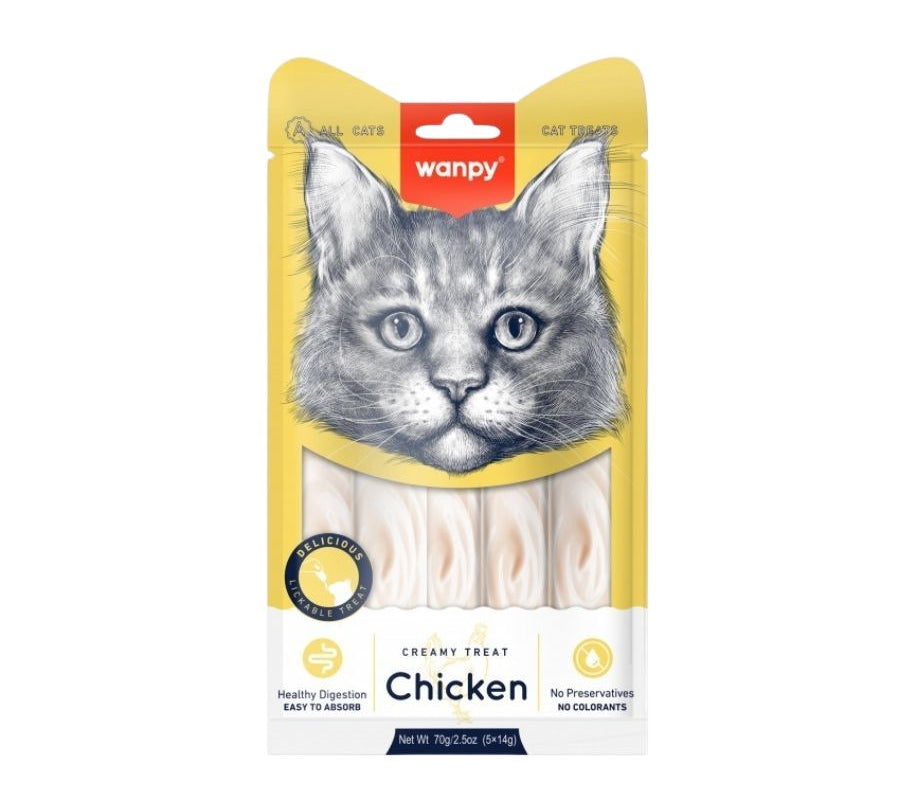 Descubre Wanpy Creamy Treat Pollo para Gatos, un snack premium 100% natural para gatos de más de 3 meses. Textura suave, libre de granos, fácil de digerir y sin colorantes ni preservantes. ¡Una recompensa saludable para tu gathijo! 🐾