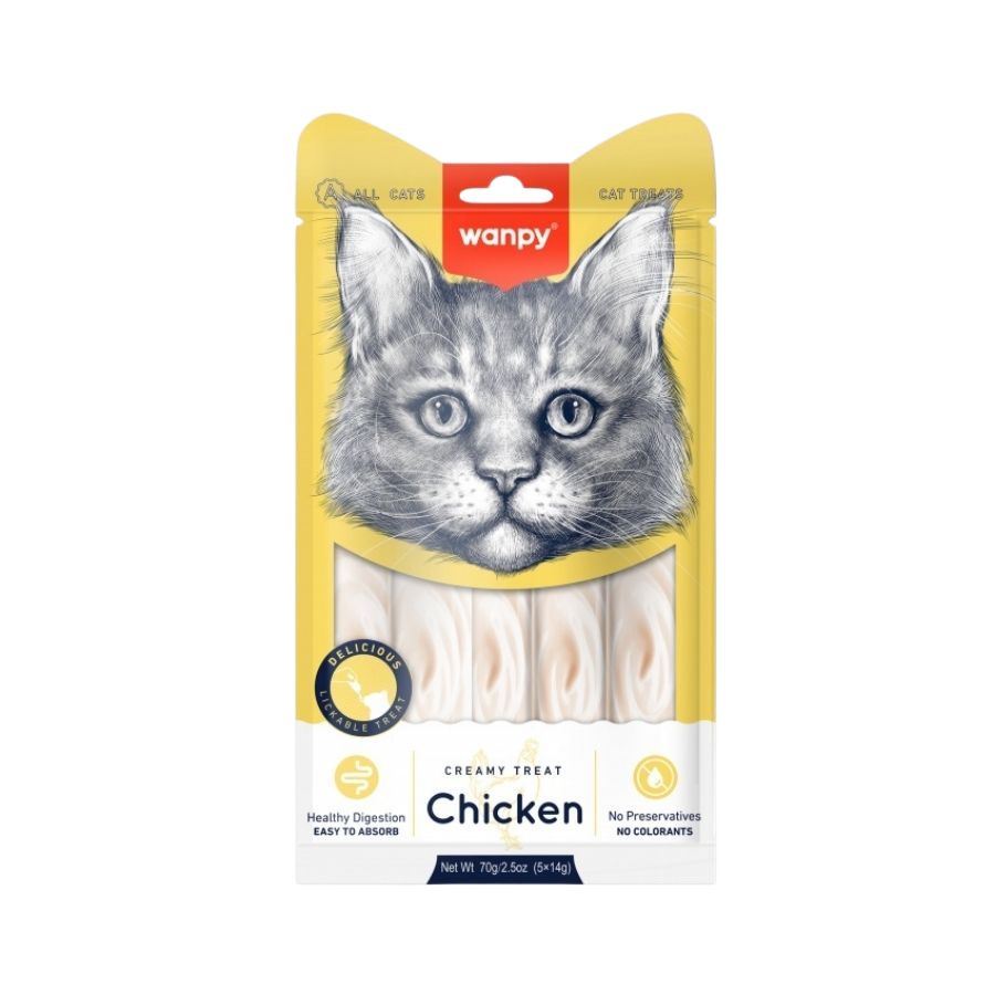 Descubre Wanpy Creamy Treat Pollo para Gatos, un snack premium 100% natural para gatos de más de 3 meses. Textura suave, libre de granos, fácil de digerir y sin colorantes ni preservantes. ¡Una recompensa saludable para tu gathijo! 🐾