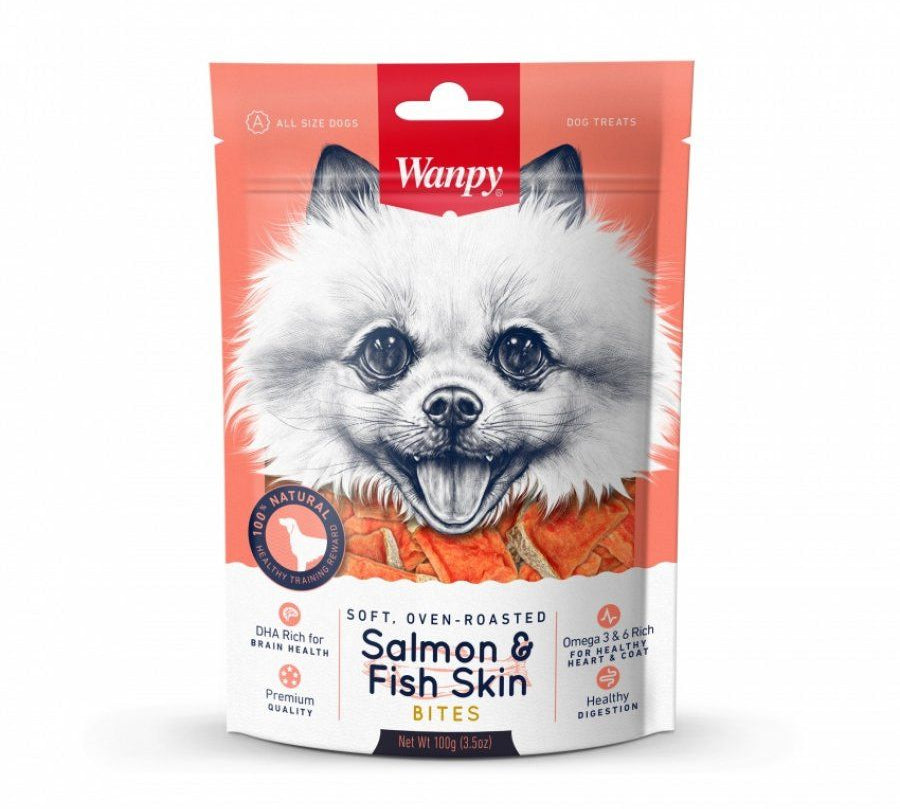 Descubre Wanpy Salmon & Fish Skin, un snack premium 100% natural para perros de todas las edades. Textura suave, alto en Omega 3, Omega 6, RHA y rico en proteínas para una mejor salud de su cerebro y su corazoncito. ¡Una recompensa saludable para tu perrhijo! 🐾