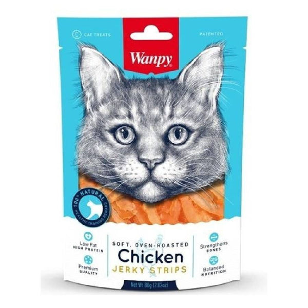 Descubre Wanpy Soft Chicken Jerky Strips para Gatos, un snack premium 100% natural para gatos de todas las edades. Textura suave, bajo en grasas, y rico en proteínas.