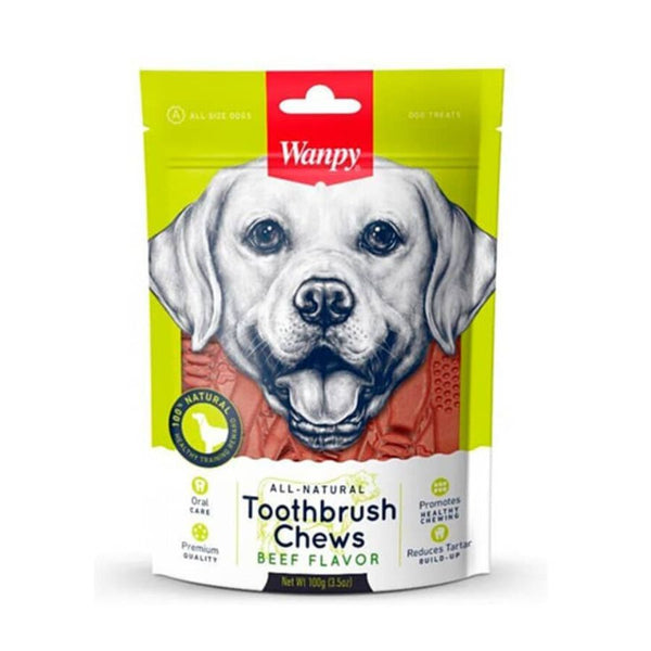 Descubre Wanpy Toothbrush Chews Beef, un snack premium 100% natural para cuidar la higiene buscal de perros de todas las edades. Reduce la acumulación de sarro, promueve un masticar saludable y ayuda en el cuidado oral. ¡Una recompensa saludable para tu perrhijo!