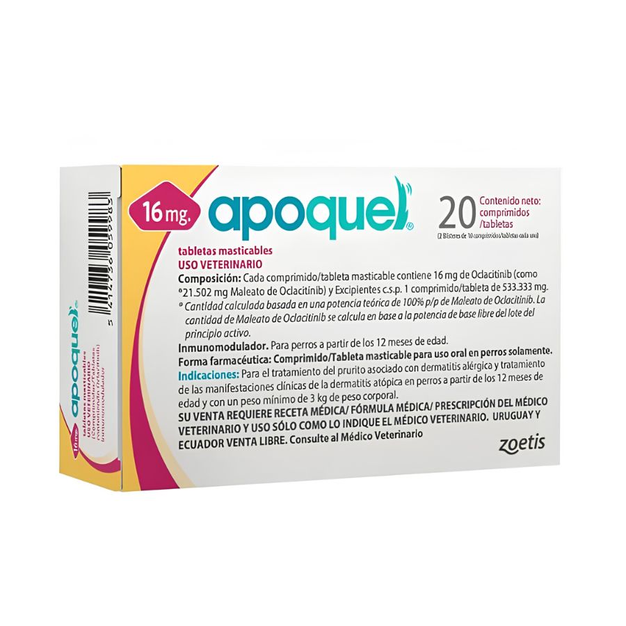 Apoquel Masticable 16mg 20 comprimidos, medicamento oral para perros con prurito, dermatitis alérgica y atópica bajo indicación veterinaria.